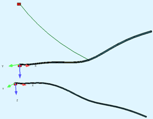 Figure 9. First segment loaded with dead loads; second segment stress free. Below the geometry of both segments in their stress-free fabrication shape